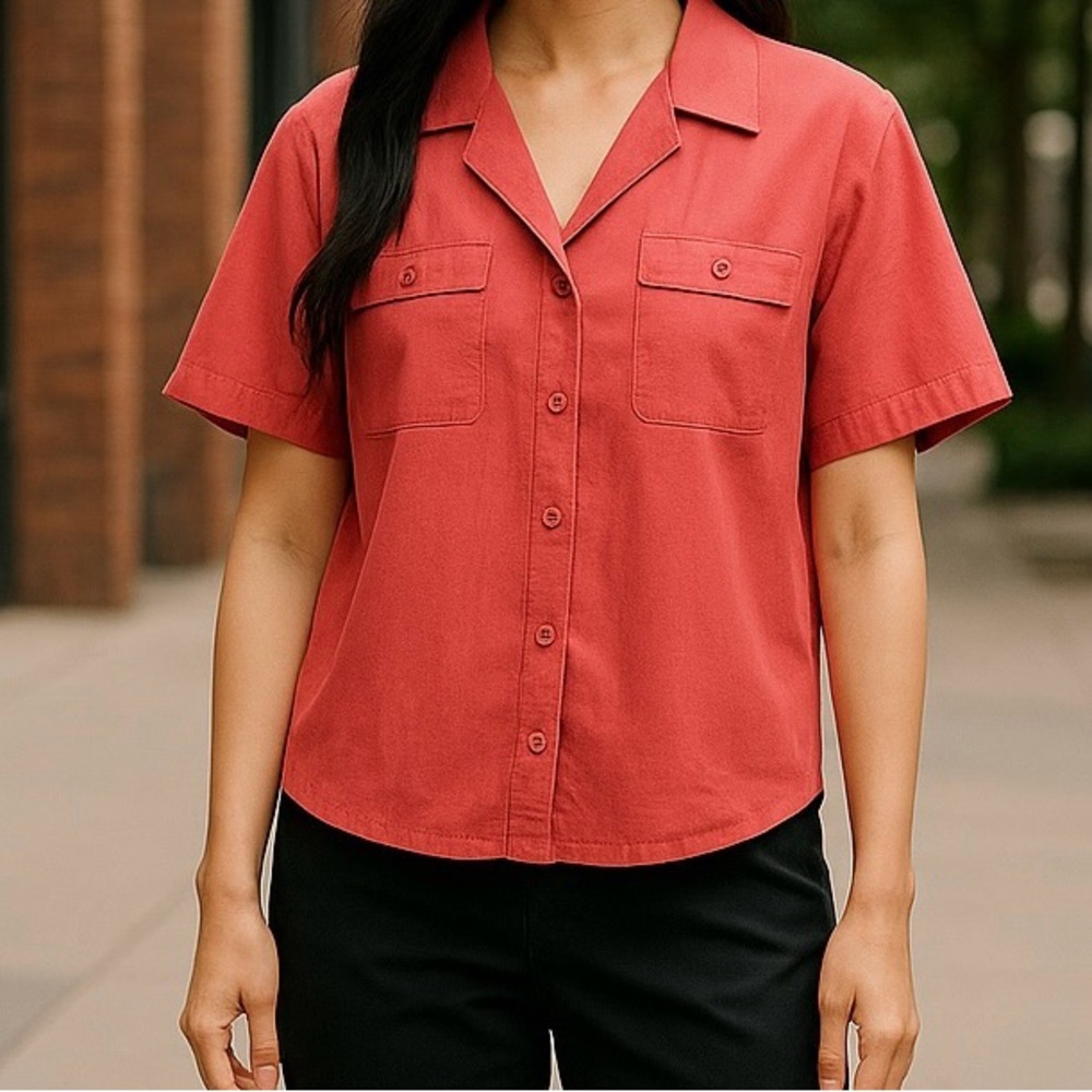 C.S.T. Sport Top Shirt Button-Up Red Short Sleeve Collared 18W Pockets